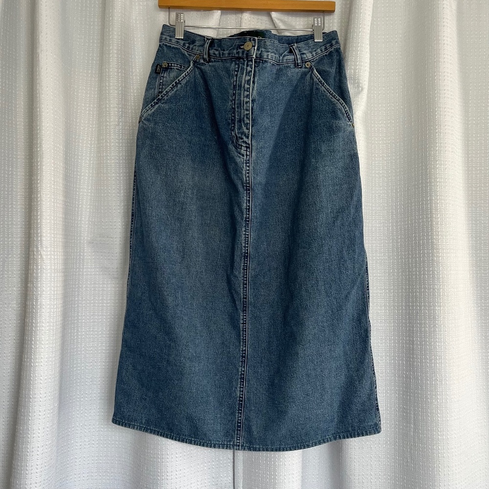 Ralph Lauren Plain Blue Midi Denim Skirt